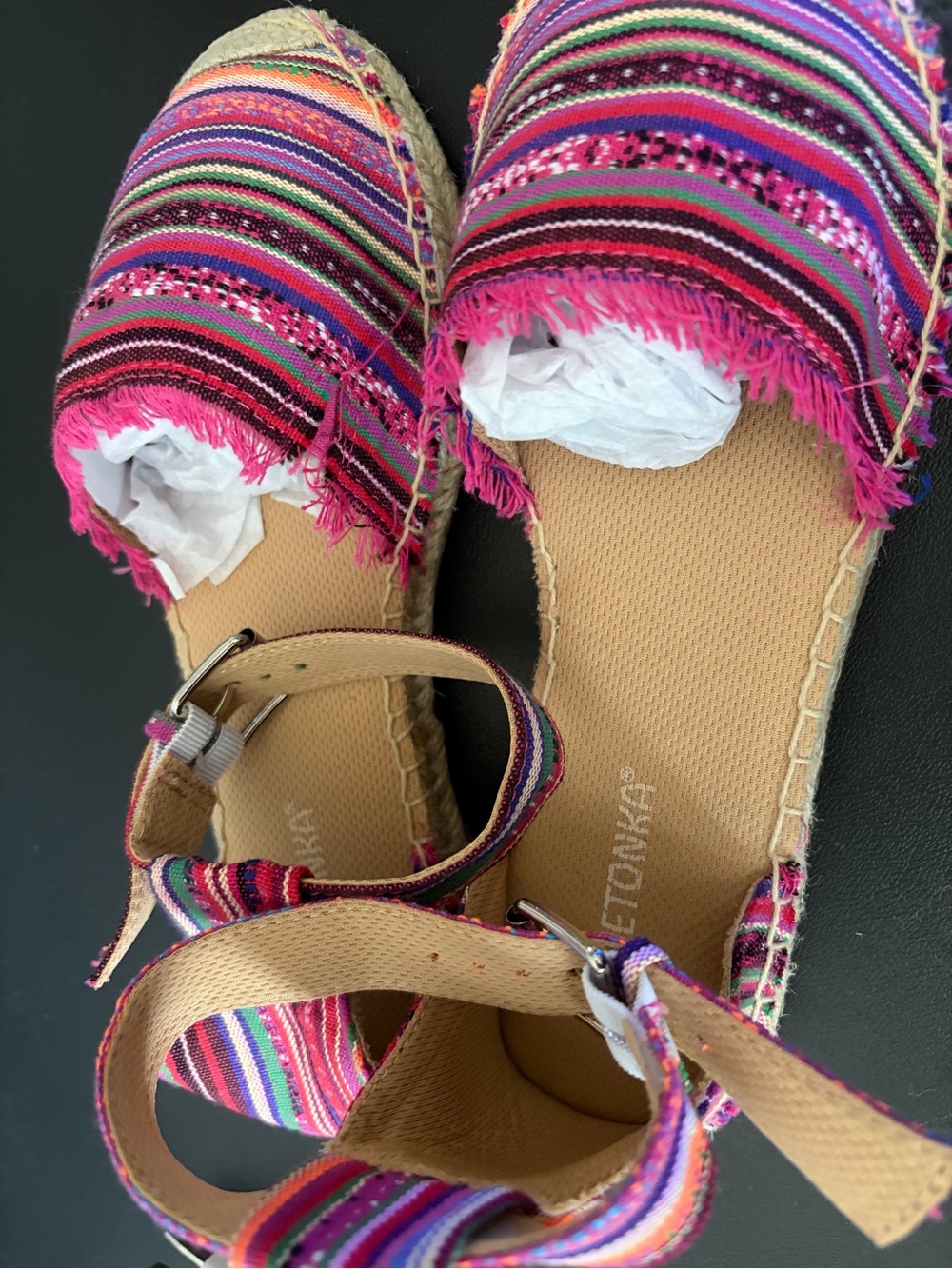 Minnetonka Pink Multi-Stripe Espadrille Sandals with Ankle Strap